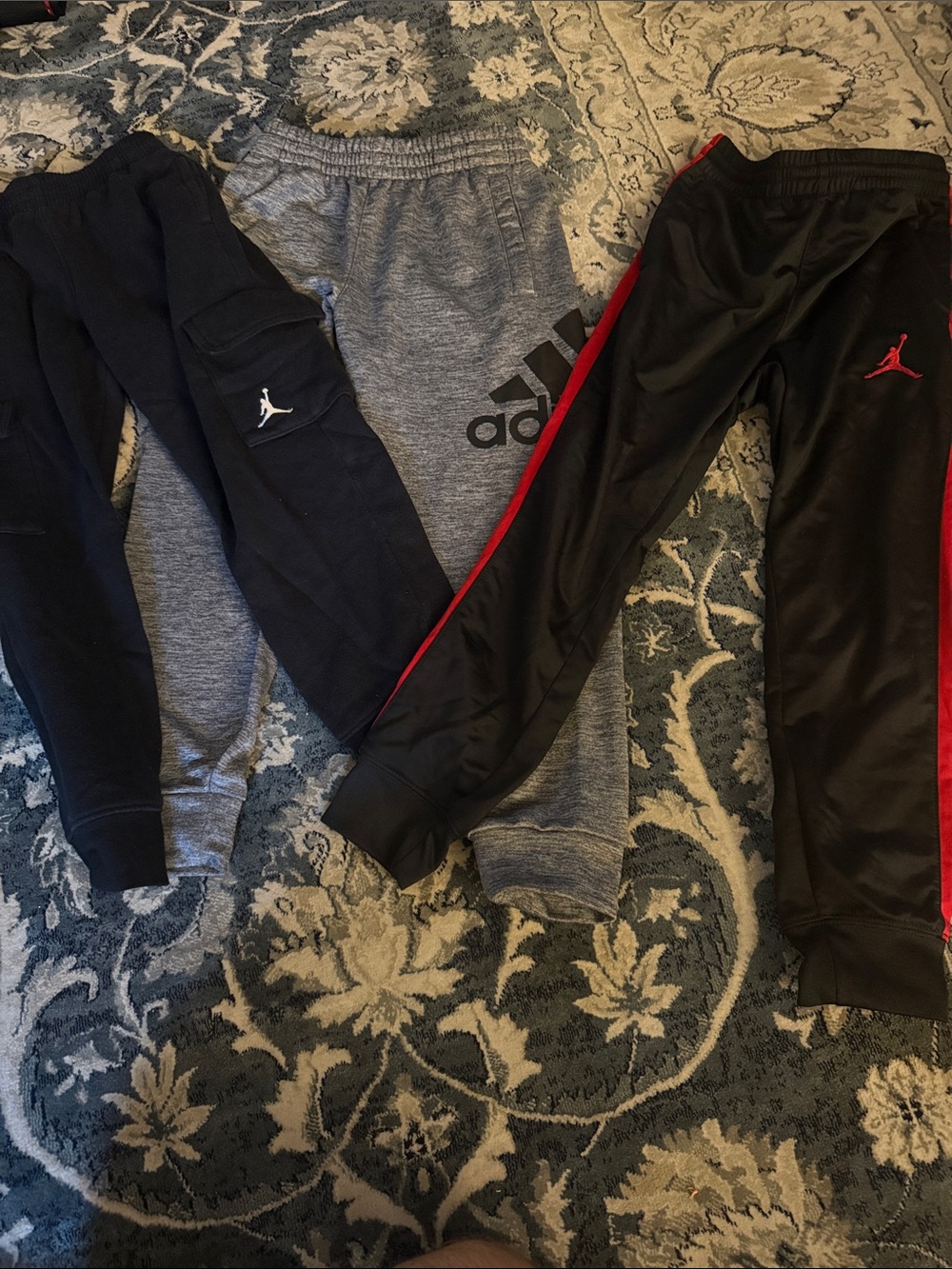 Jordan Black Joggers, adidas gray and Jordan black with Red Trim Jumpman Logo